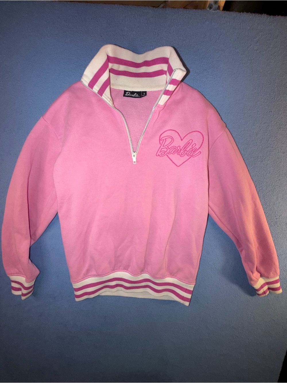 Barbie Pink and White Striped Collar Half-Zip Pullover